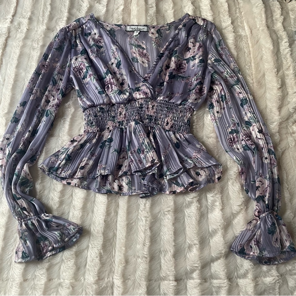 Women’s floral peplum long sleeve shirt, size XS